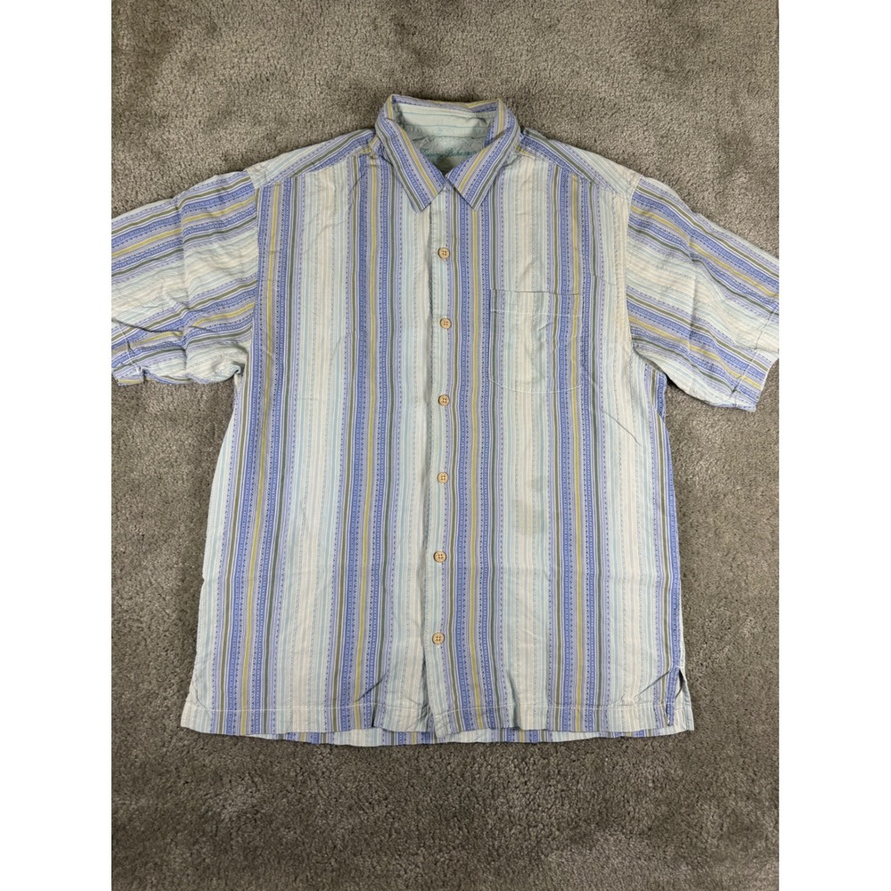 Tommy Bahama Mens Silk Short Sleeve Button Down Shirt Blue Striped Size M
